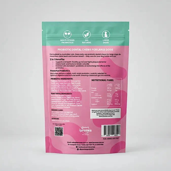 Ipromea 2-in-1 Oral and Gut Chews for Large Dogs back of packaging showing ingredients and directions