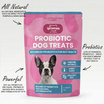 Ipromea Probiotic Dog Treats packaging with gut health benefits text overlay